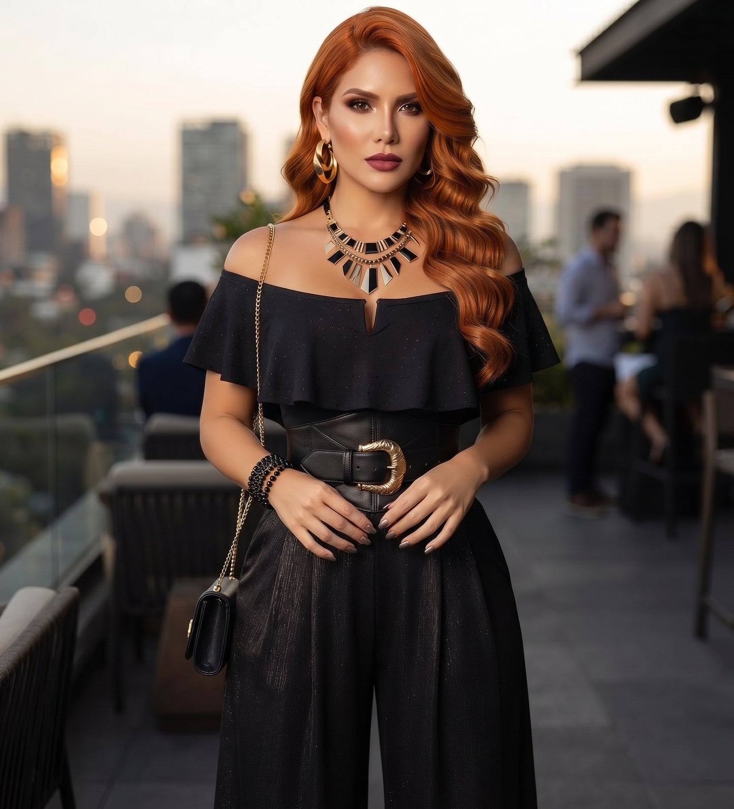 Colombian Black Off-The-Shoulder Rhinestone Ruffle Body Slimmer 7681