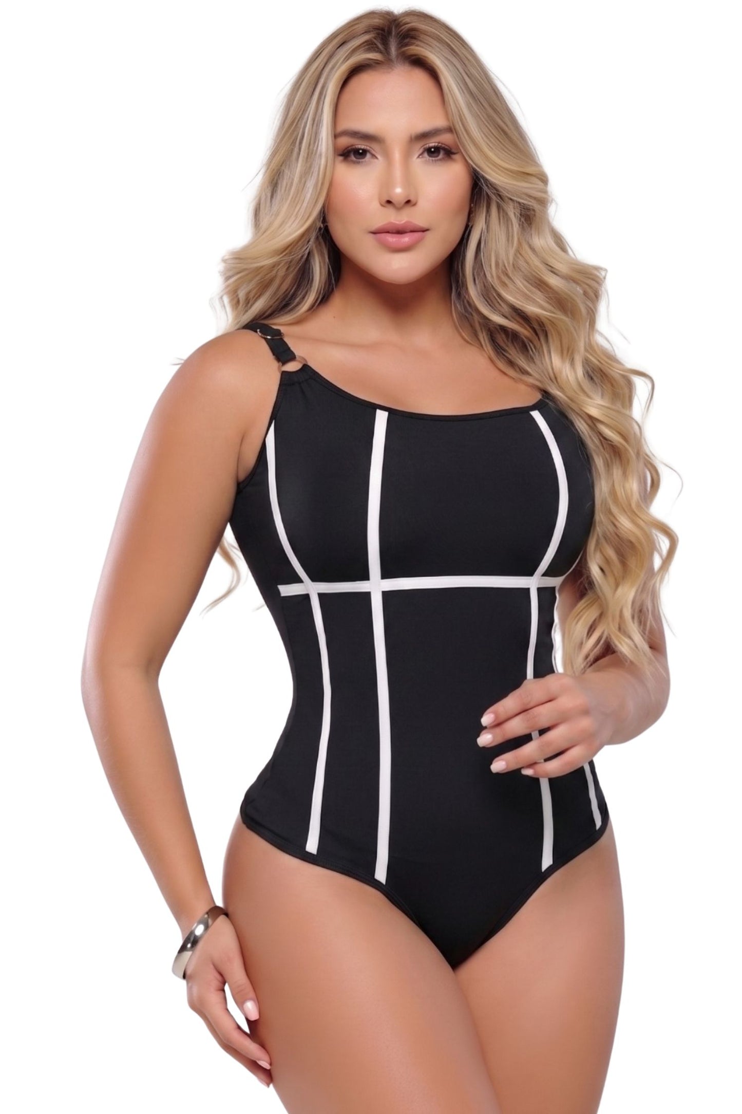 Colombian Black Fushia Geometric Contrast Strap Body Slimmer 9125
