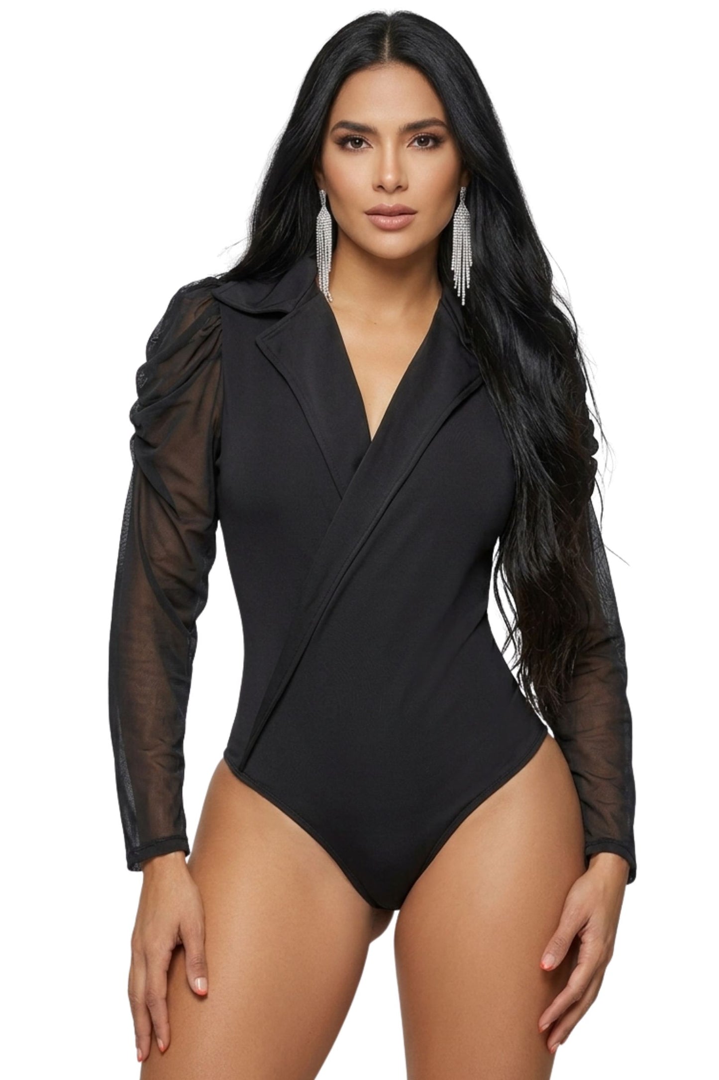 Colombian Black Lapel Wrap Puff Mesh Sleeve Body Slimmer 7950