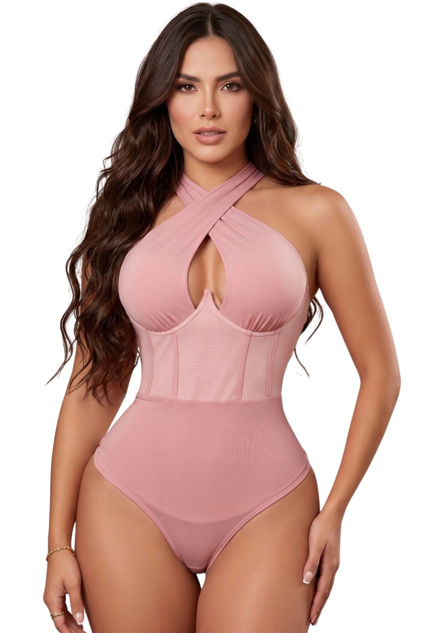 Colombian Pink Criss Cross Halter Corset Body Slimmer 9232