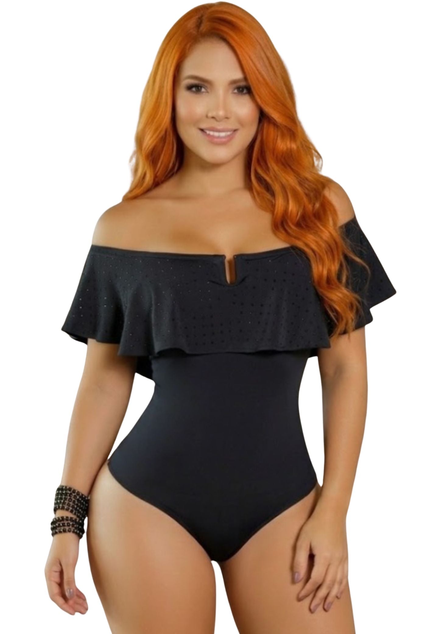 Colombian Black Off-The-Shoulder Rhinestone Ruffle Body Slimmer 7681