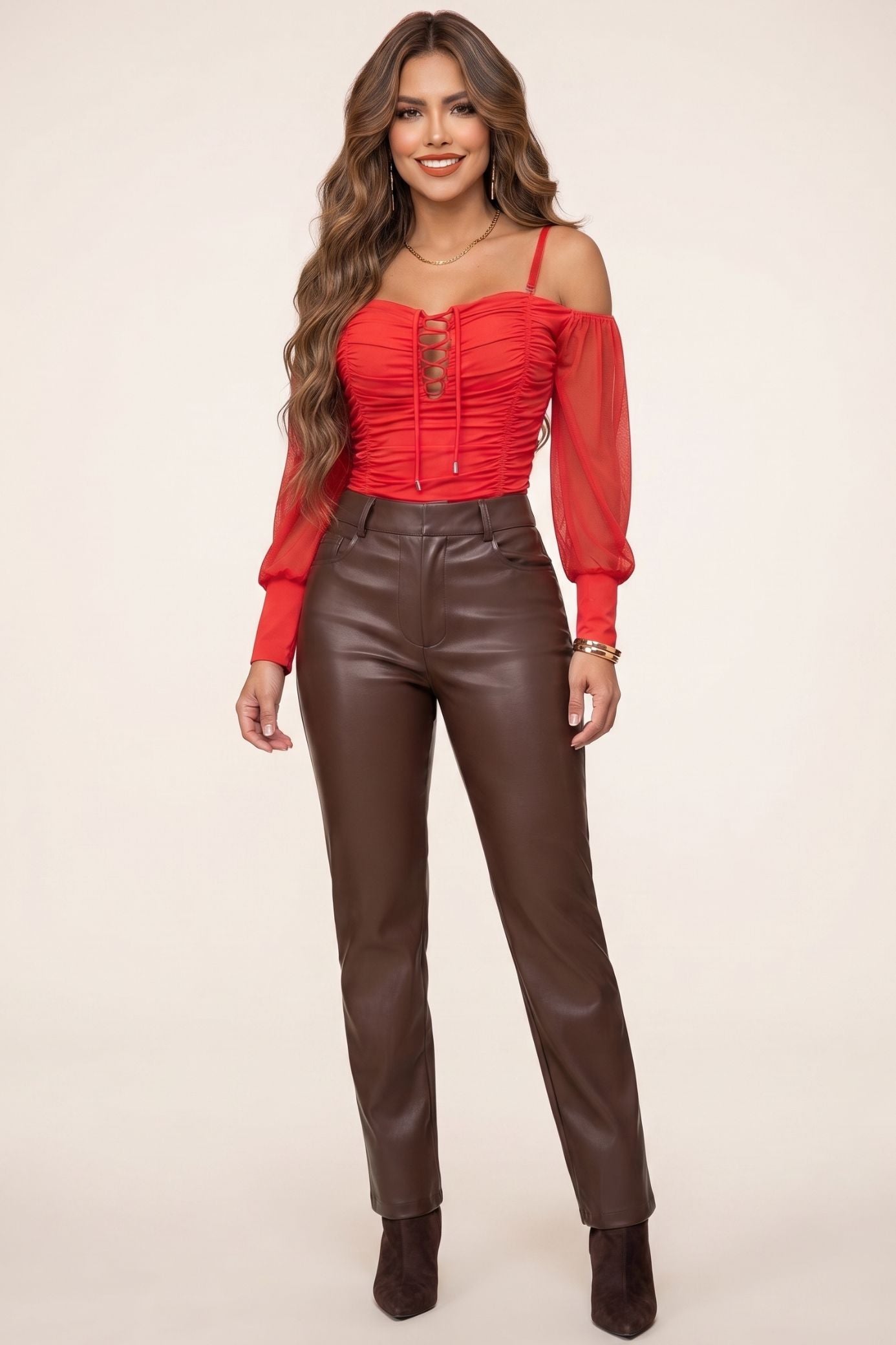 Colombian Red Lace-Up Ruched Off-The-Shoulder Mesh Long Sleeve Body Slimmer 7930