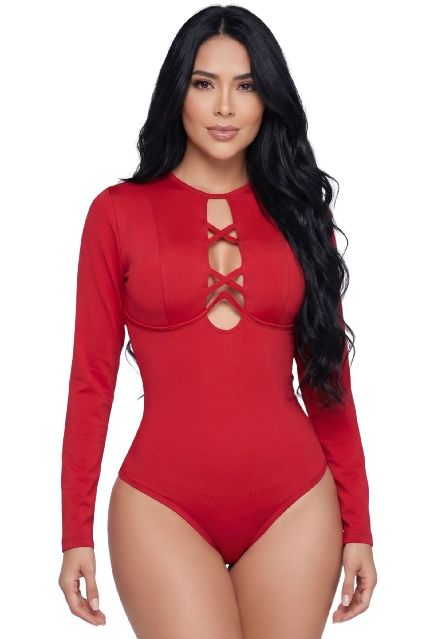 Colombian Red Strappy Cutout Long Sleeve Body Slimmer 2070