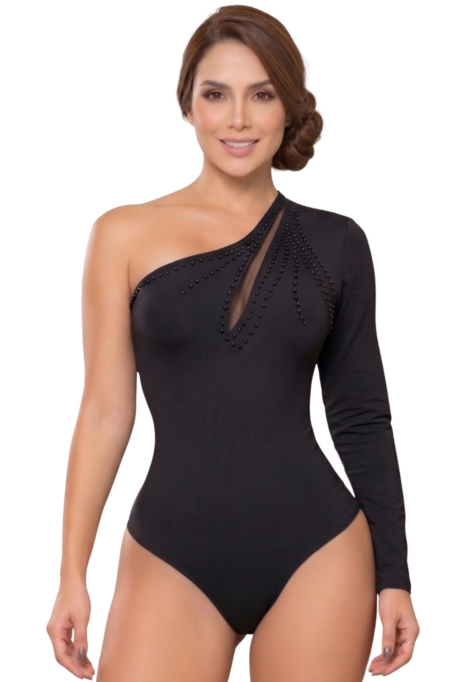 Colombian Sage Green One-Shoulder Pearl Beaded Body Slimmer 9069