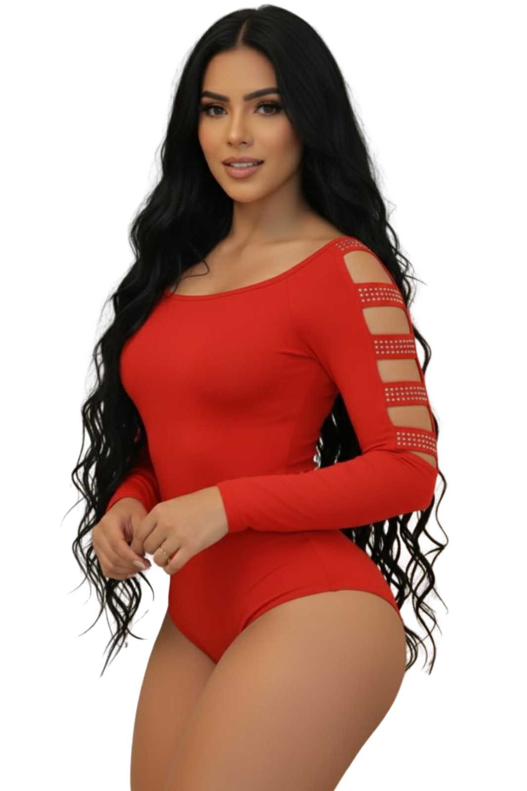 Colombian Red Cut-Out Rhinestone Sleeve Body Slimmer 9272
