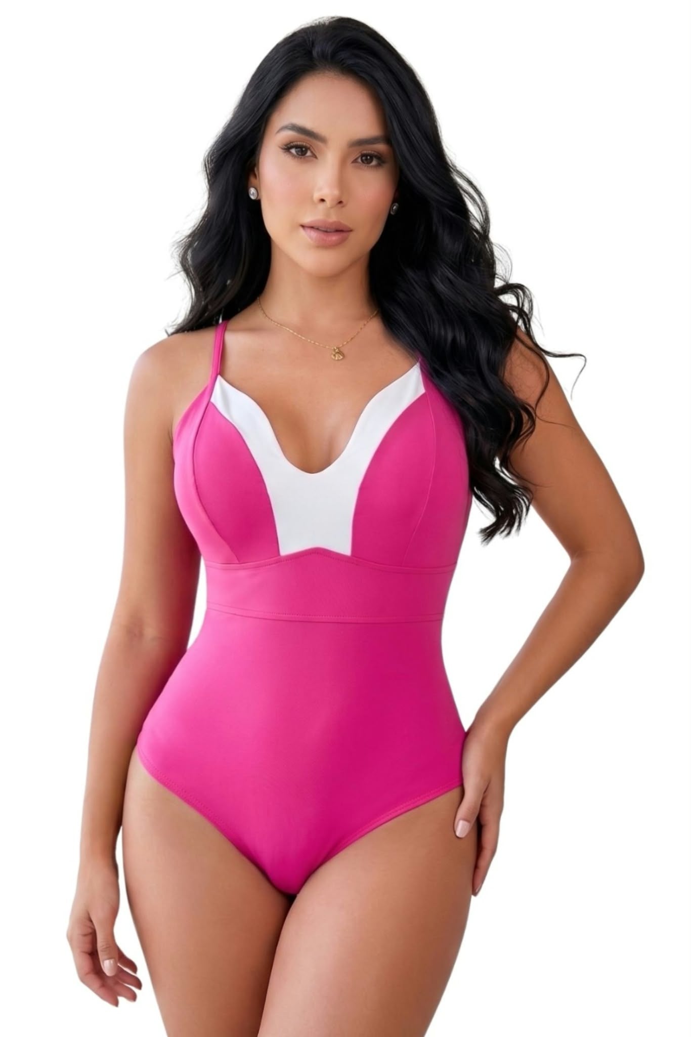Colombian Fuchsia Pink Contrast V-Neck Body Slimmer 9158