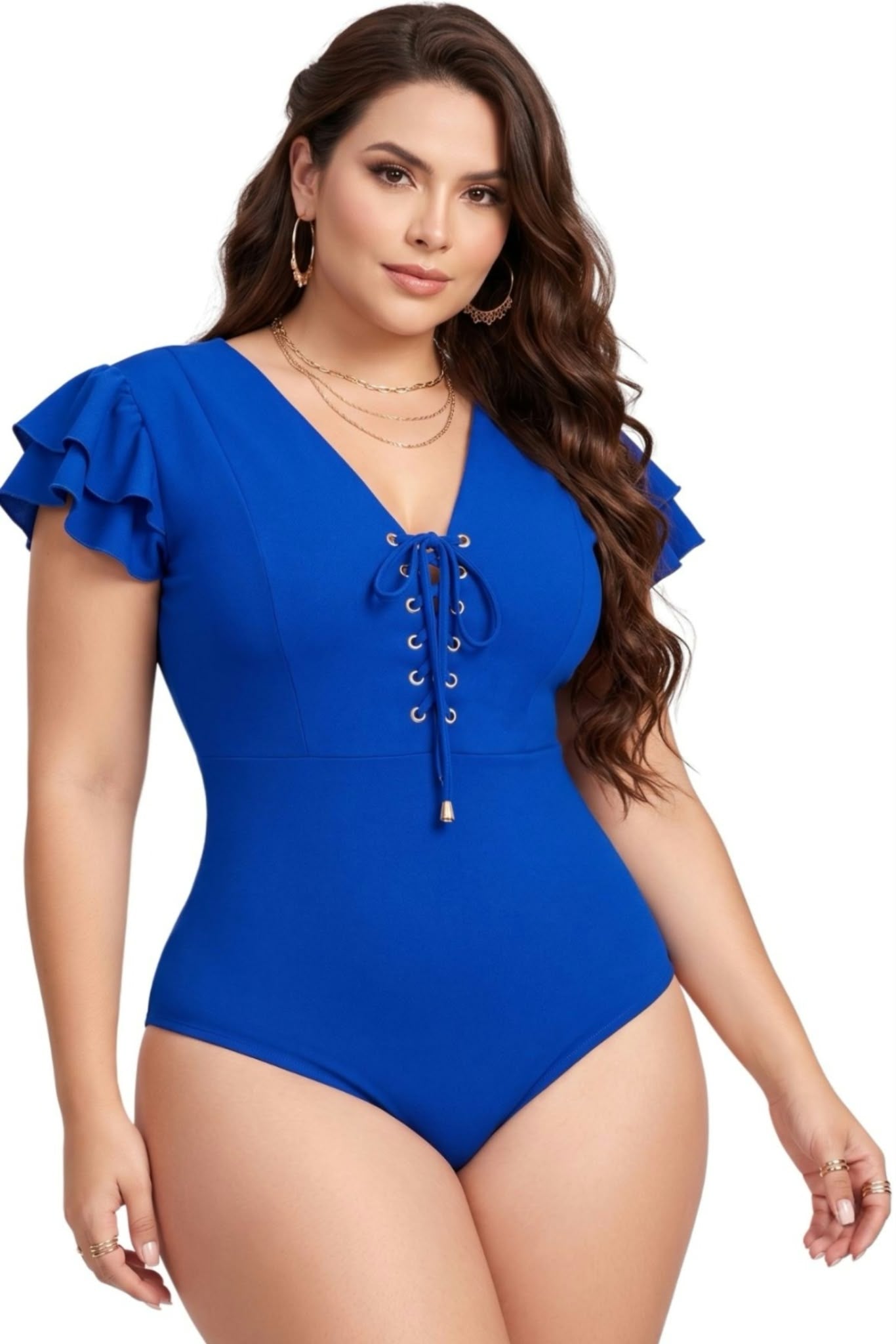 Colombian Royal Blue Lace-Up Ruffle Sleeve Body Slimmer 8030