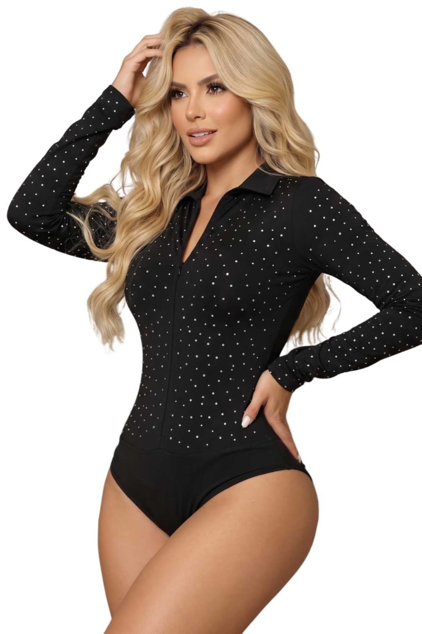 Colombian Black Rhinestone Zip Polo Body Slimmer 9239
